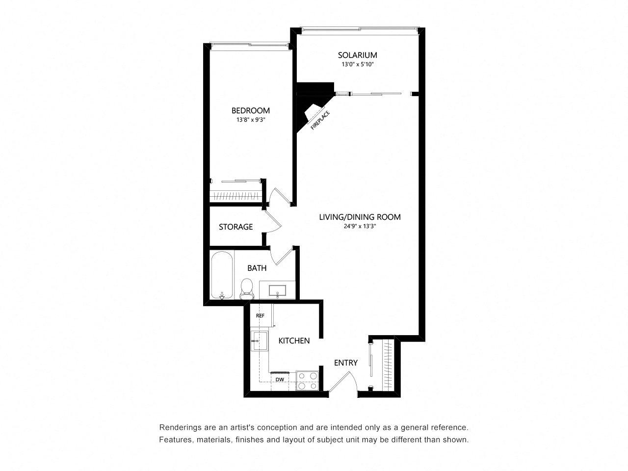 Floor plan for 1 bed, 1 bath, 806 sqft
